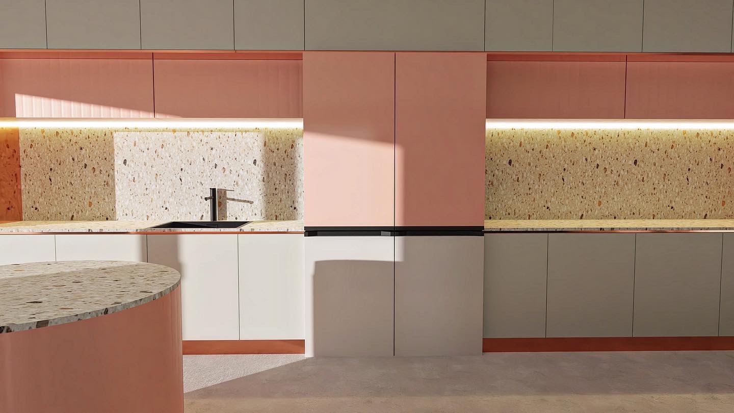 Nowoczesna kuchnia z różowymi i szarymi szafkami, blatem z lastryko i oświetleniem LED pod szafkami wiszącymi, z widocznym fragmentem okrągłego stołu.