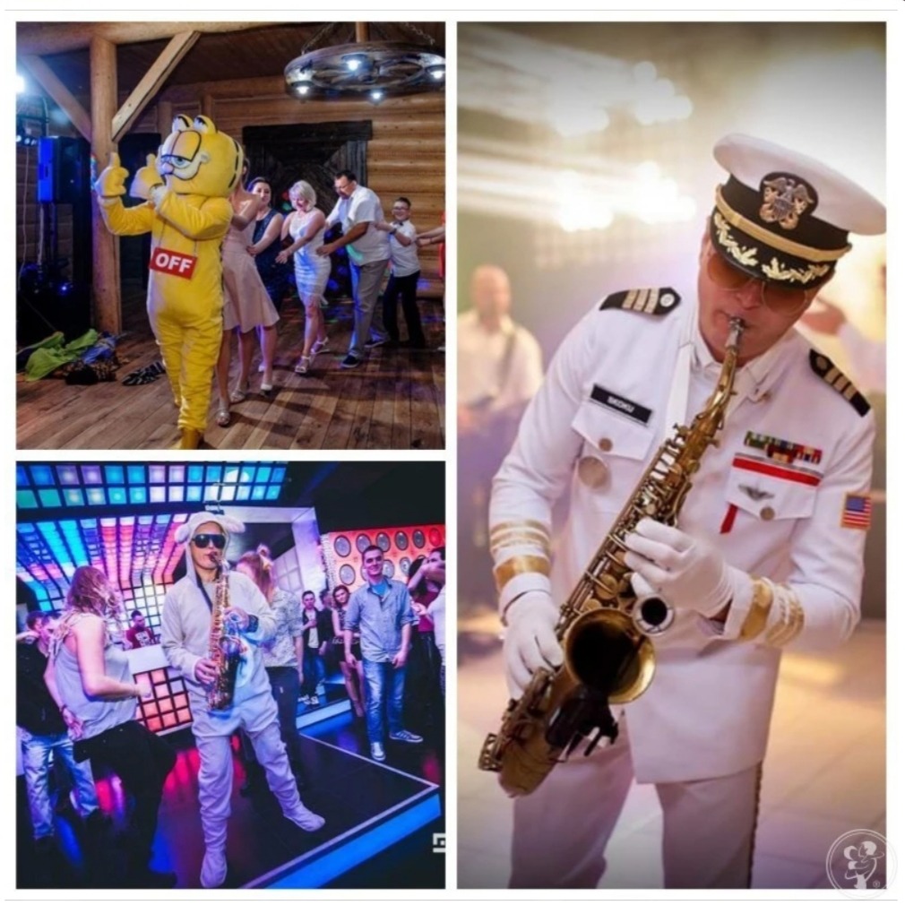Kolaż zdjęć z występów muzycznych: animator w kostiumie Garfilda na parkiecie w rustykalnej sali, saksofonista w stroju kapitana marynarki, saksofonista w białym kombinezonie na oświetlonym parkiecie.