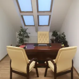 Gabinet w poddaszu z drewnianym biurkiem, skórzanymi krzesłami i czterema oknami dachowymi, oświetlony naturalnym światłem, z roślinami doniczkowymi i stosem książek na biurku.