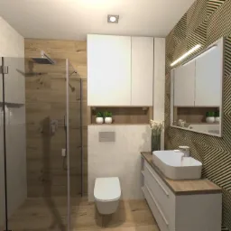Wizualizacja nowoczesnej łazienki w Rybniku: kabina prysznicowa typu walk-in z drewnopodobnymi płytkami, biała umywalka nablatowa na szafce z drewnianym blatem, geometryczna ściana akcentująca...
