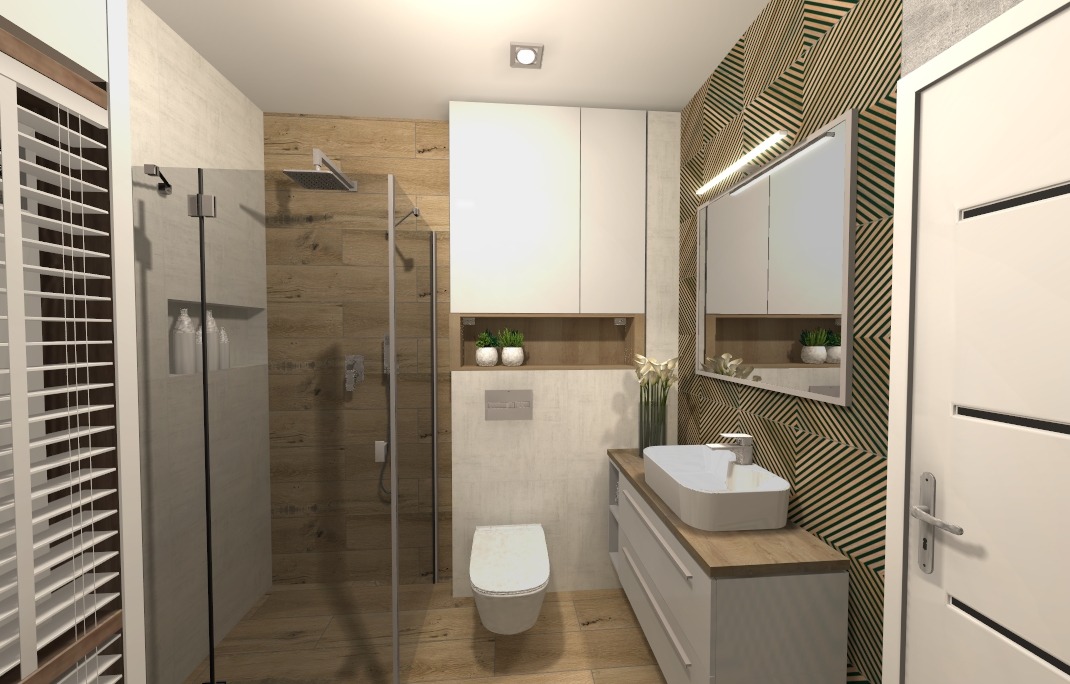 Wizualizacja nowoczesnej łazienki w Rybniku: kabina prysznicowa typu walk-in z drewnopodobnymi płytkami, biała umywalka nablatowa na szafce z drewnianym blatem, geometryczna ściana akcentująca...