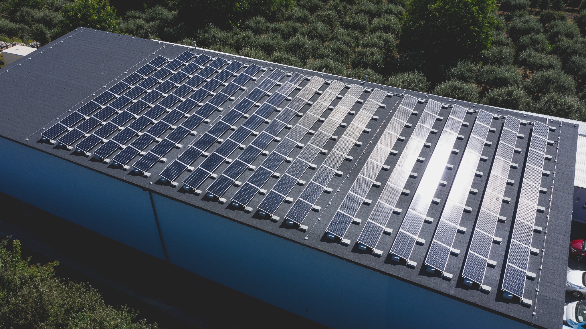 Widok z góry na dużą instalację fotowoltaiczną na dachu budynku przemysłowego, część paneli odbija słońce, w tle drzewa i zaparkowane samochody.