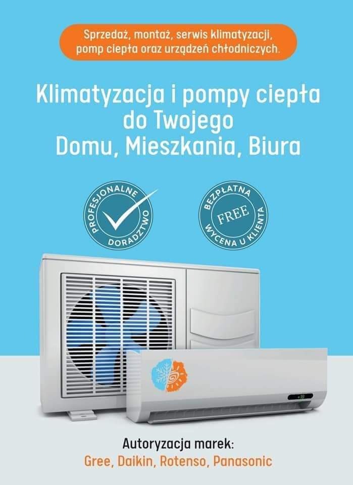 Grafika reklamowa klimatyzacji i pomp ciepła do domu, mieszkania i biura, prezentująca jednostkę zewnętrzną i wewnętrzną, z informacjami o profesjonalnym doradztwie i bezpłatnej wycenie u klienta...