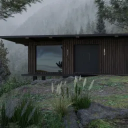 Nowoczesny, ciemnobrązowy domek letniskowy z drewnianą elewacją, osadzony na skalistym wzgórzu, otoczony lasem we mgle.