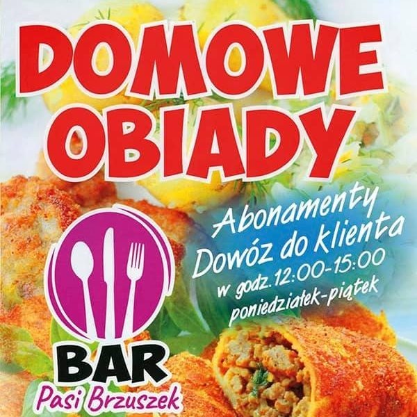 Plakat reklamowy baru 'Pasi Brzuszek' z domowymi obiadami, oferującego abonamenty i dowóz w godzinach 12:00-15:00 od poniedziałku do piątku, na tle ziemniaków, kotleta i krokieta.