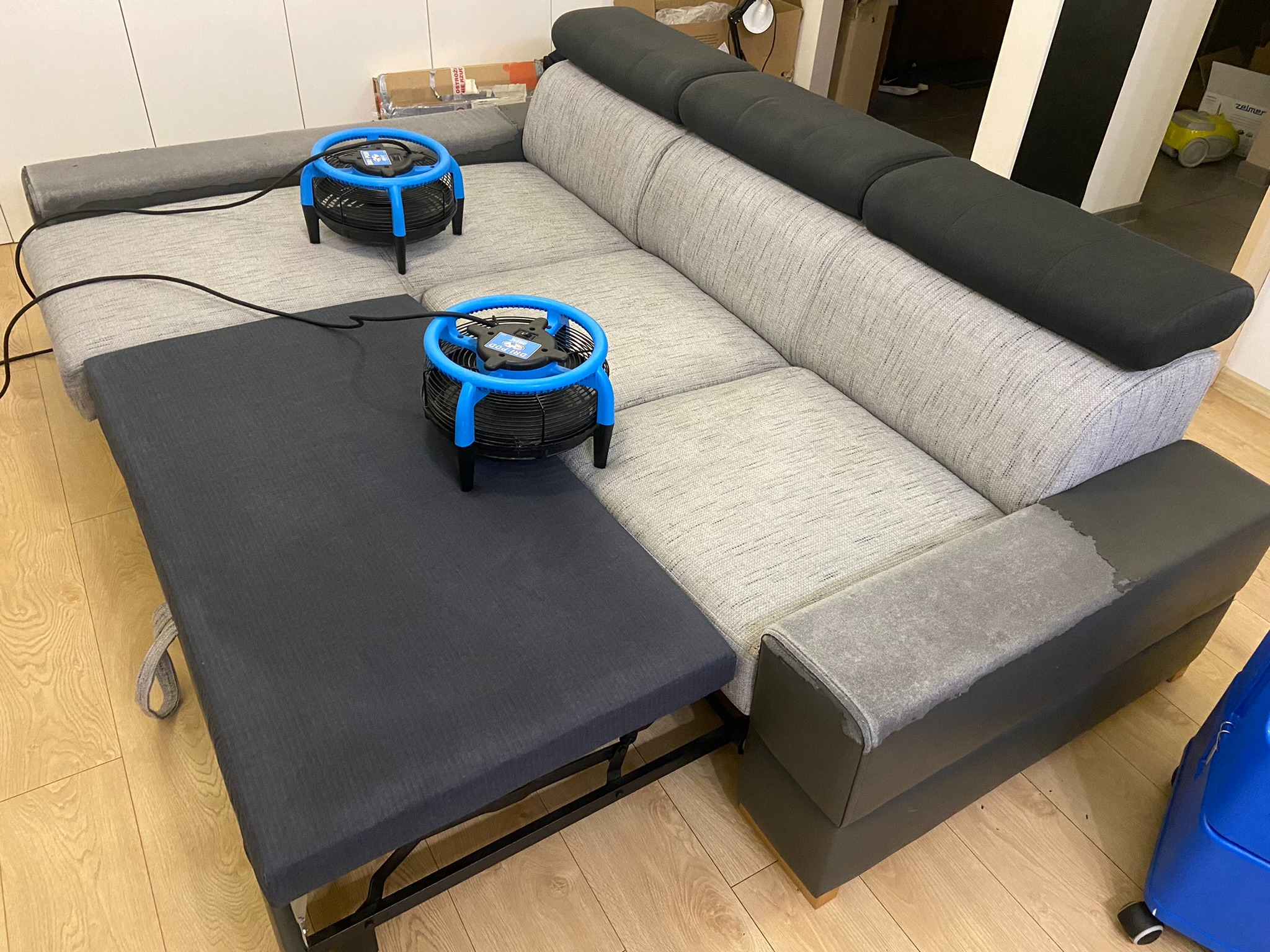 Rozłożona narożna kanapa z szarą tapicerką, na której stoją dwa niebieskie wentylatory przyspieszające schnięcie po czyszczeniu, widoczne fragmenty niedoczyszczonego podłokietnika.