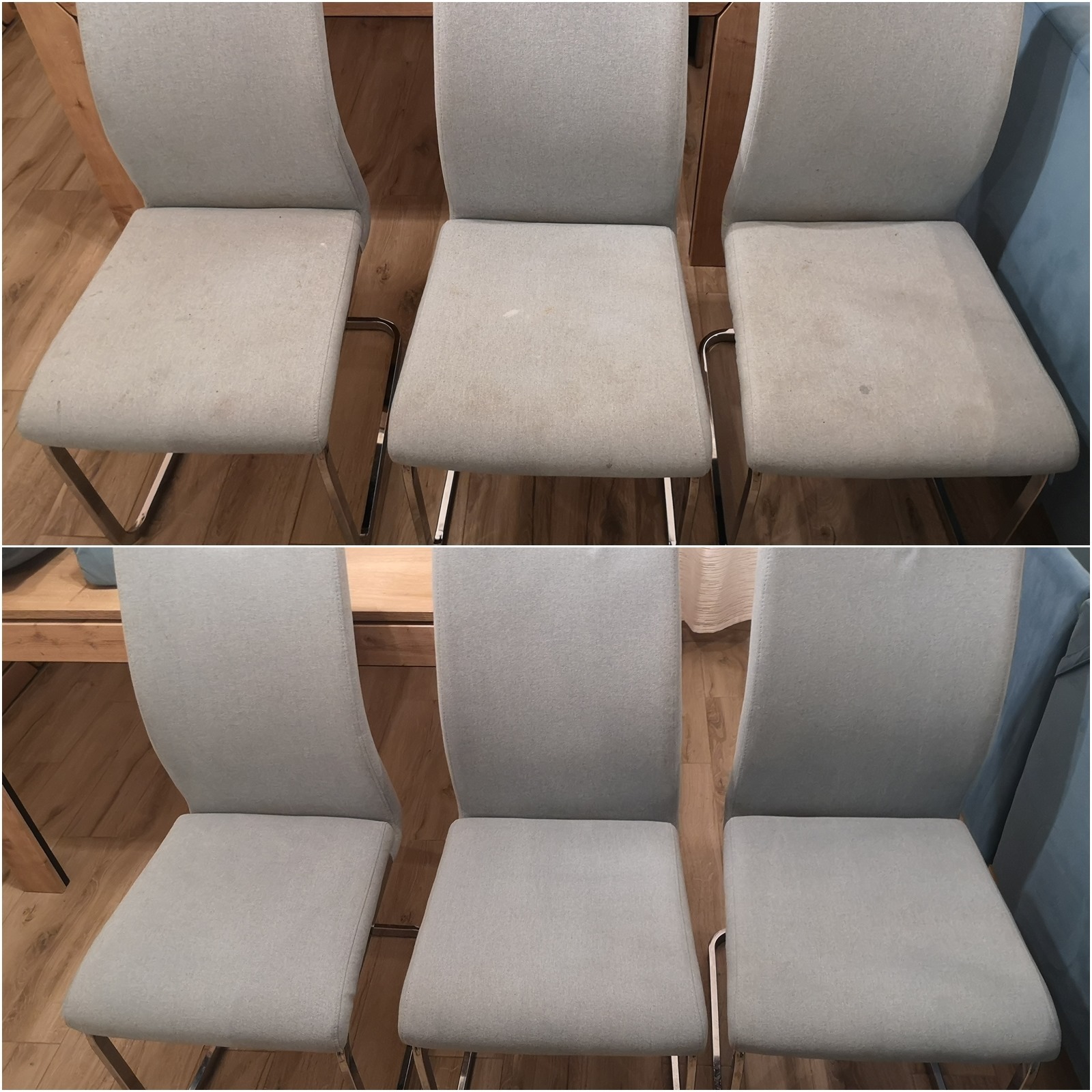 Porównanie stanu trzech krzeseł tapicerowanych przed i po czyszczeniu, widoczne różnice w kolorze i usunięte plamy na siedziskach.