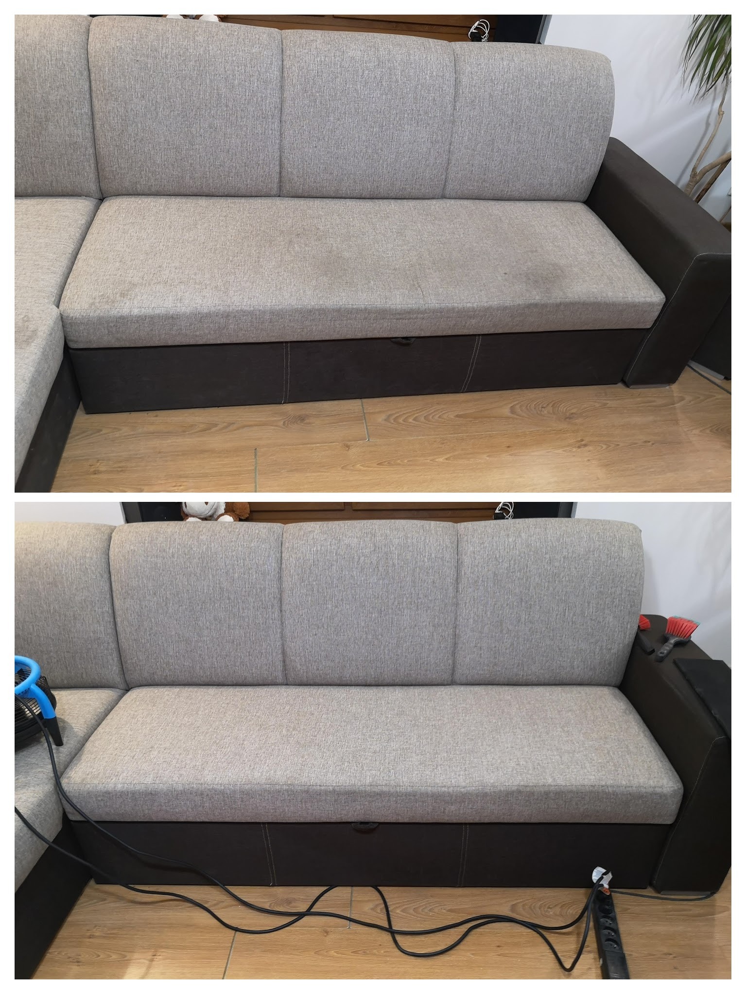 Dwuczęściowe ujęcie narożnika z szarej tapicerki przed i po czyszczeniu, widoczne plamy na górnym zdjęciu i czysta powierzchnia na dolnym, obok leży wąż odkurzacza piorącego i szczotki.