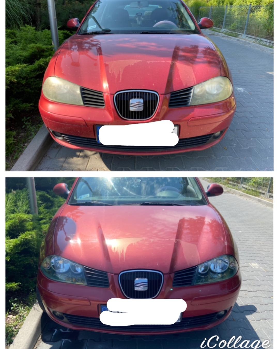 Czerwony samochód przed i po czyszczeniu reflektorów, widoczna znacząca różnica w przejrzystości świateł.