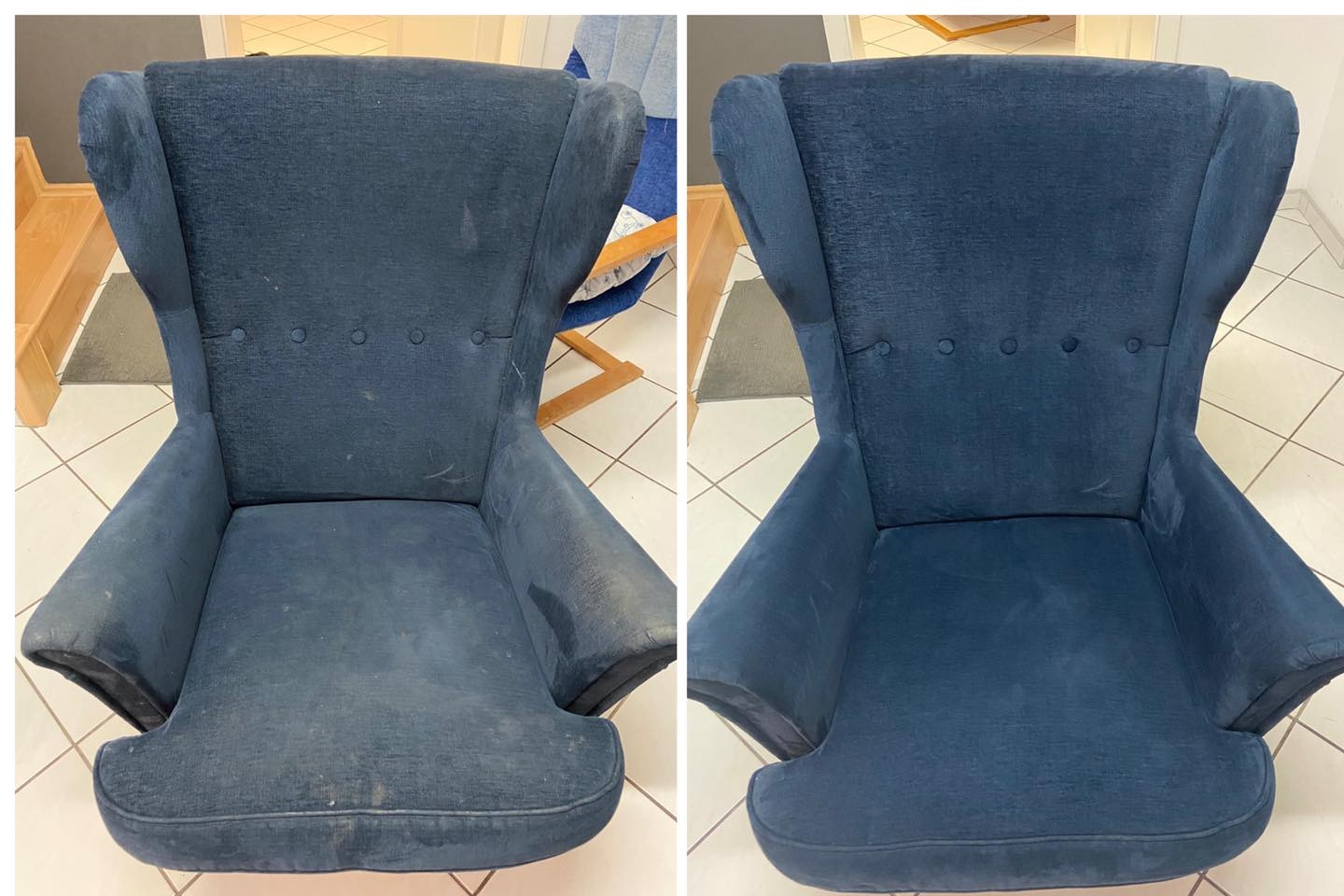 Porównanie fotela uszaka w odcieniach granatu przed i po czyszczeniu, widoczne plamy i zabrudzenia usunięte, na podłodze z jasnych płytek.