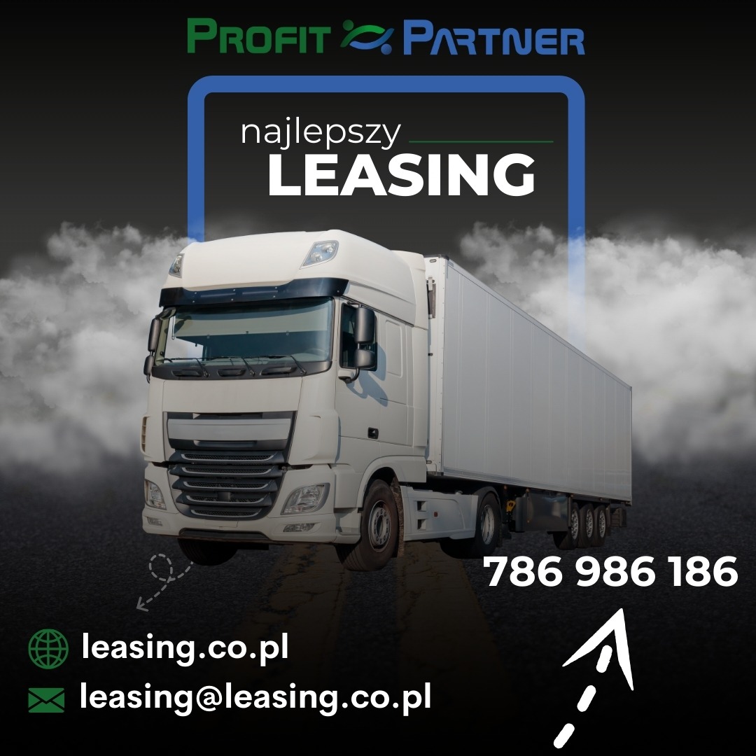 Grafika reklamowa z białym samochodem ciężarowym z naczepą na ciemnym tle z chmurami, logo firmy Profit Partner, napis 'najlepszy LEASING', adres strony internetowej i adres email oraz numer telefonu.