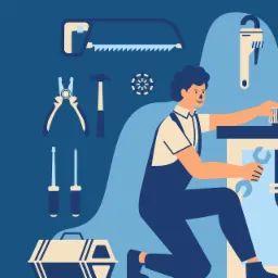 Ilustracja hydraulika w kombinezonie naprawiającego zlew z użyciem klucza, otoczonego narzędziami takimi jak piła, kombinerki, młotek, śrubokręty i skrzynka narzędziowa na ciemnoniebieskim tle.