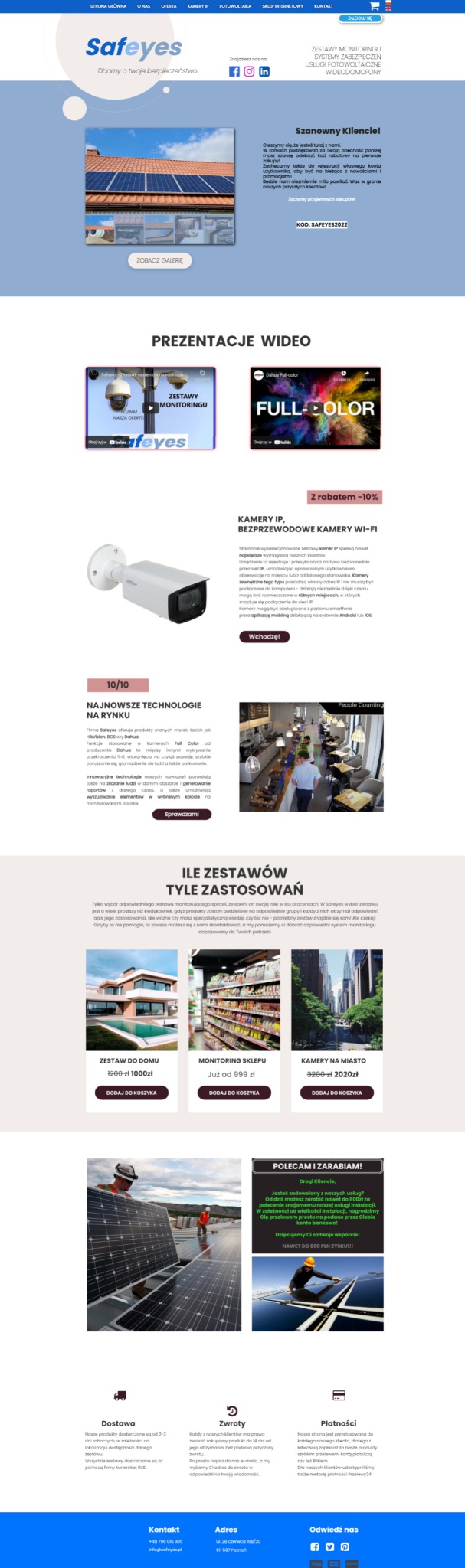 Strona internetowa firmy Safeyes.pl z ofertą systemów fotowoltaicznych i monitoringu, widoczne panele słoneczne na dachu i kamery IP.