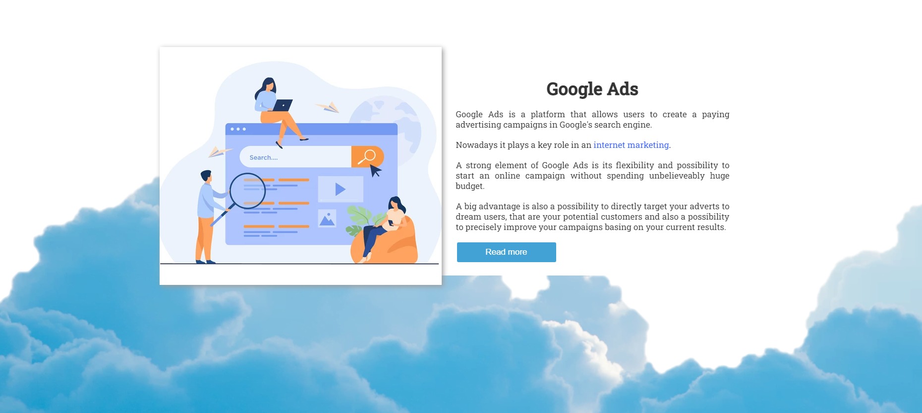 Ilustracja przedstawiająca trzy osoby pracujące nad stroną internetową z wyszukiwarką, symbolizująca tworzenie kampanii reklamowych w Google Ads.