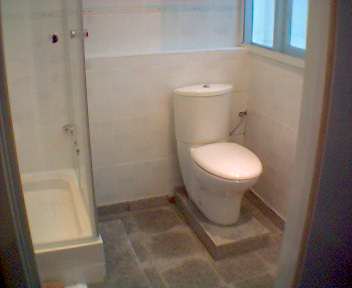 Biała toaleta z deską sedesową na podwyższeniu z płytek, widoczna kabina prysznicowa i fragment okna, ściany wyłożone białymi płytkami.