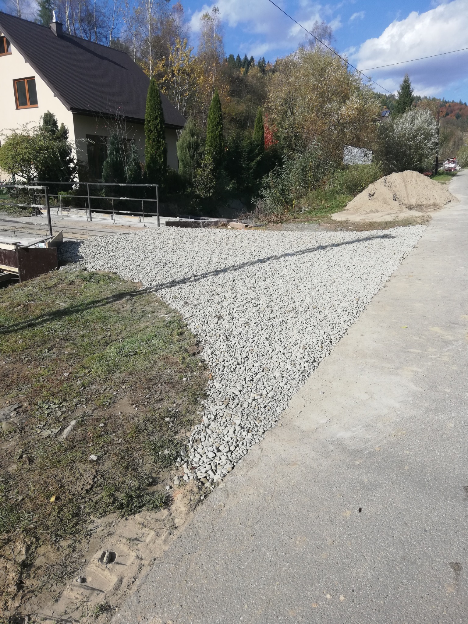Wyrównany teren żwirem przy nowym fundamencie i drodze asfaltowej, widoczny dom z ciemnym dachem i drzewa w tle.