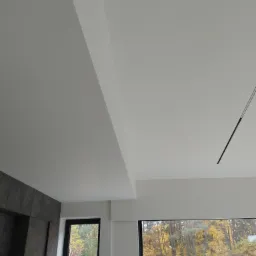 Jasne wnętrze z gładzią na suficie i ścianach, widok na jesienny las przez okno, minimalistyczna lampa sufitowa.