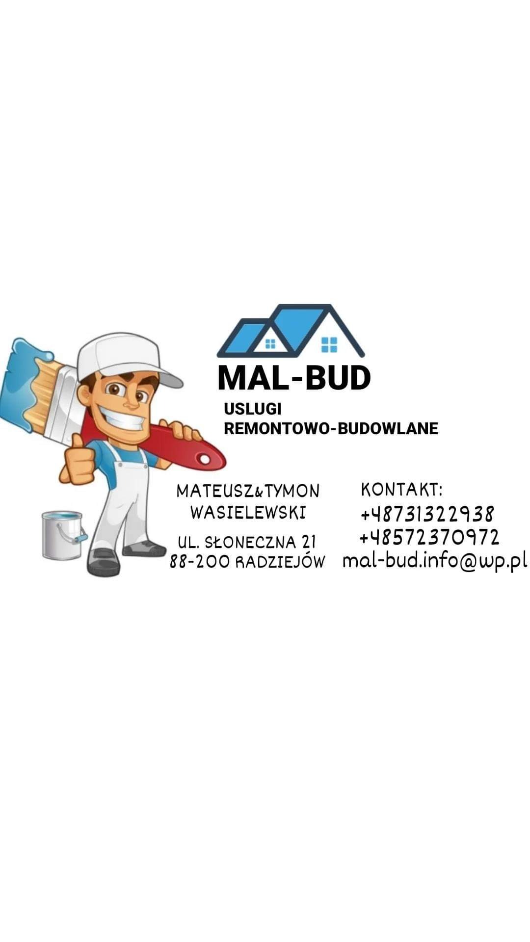 Ilustracja z logo firmy budowlanej Mal-Bud, przedstawiająca uśmiechniętego malarza w kombinezonie trzymającego pędzel i wiadro z farbą, z danymi kontaktowymi firmy.