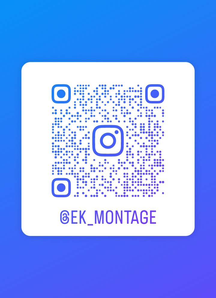 Kwadratowy kod QR z logo Instagrama w centrum i nazwą użytkownika @EK_MONTAGE na białym tle, umieszczony na gradientowym niebieskim tle.