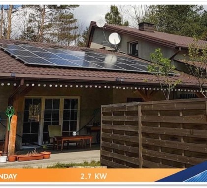 Panele słoneczne na brązowym dachu domu jednorodzinnego z anteną satelitarną, widoczne z poziomu ogrodu z drewnianym płotem.