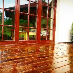 Błyszczący, lakierowany drewniany taras z widocznymi słojami drewna, brązowe okno tarasowe z szybami odbijającymi zieleń ogrodu, tuje po bokach.