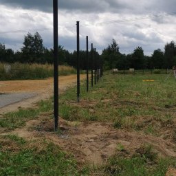 Xenimar - Rząd czarnych, metalowych słupków ogrodzeniowych, częściowo osadzonych w ziemi na zewnątrz, z widocznym krajobrazem polnym i pochmurnym niebem w tle.