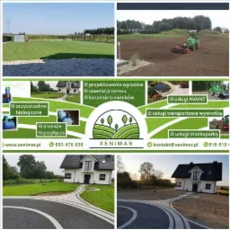 Kolaż zdjęć prezentujący usługi firmy Xenimar: trawnik z rolki, wyrównywanie terenu minitraktorem, logo firmy i aranżacje posesji z brukowanymi ścieżkami.