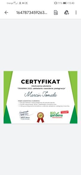 Certyfikat ukończenia szkolenia 'Trawnik 2022: zakładanie, nawożenie, pielęgnacja' na nazwisko Marcin Tomala, wydany przez Bio Gardena Professional.
