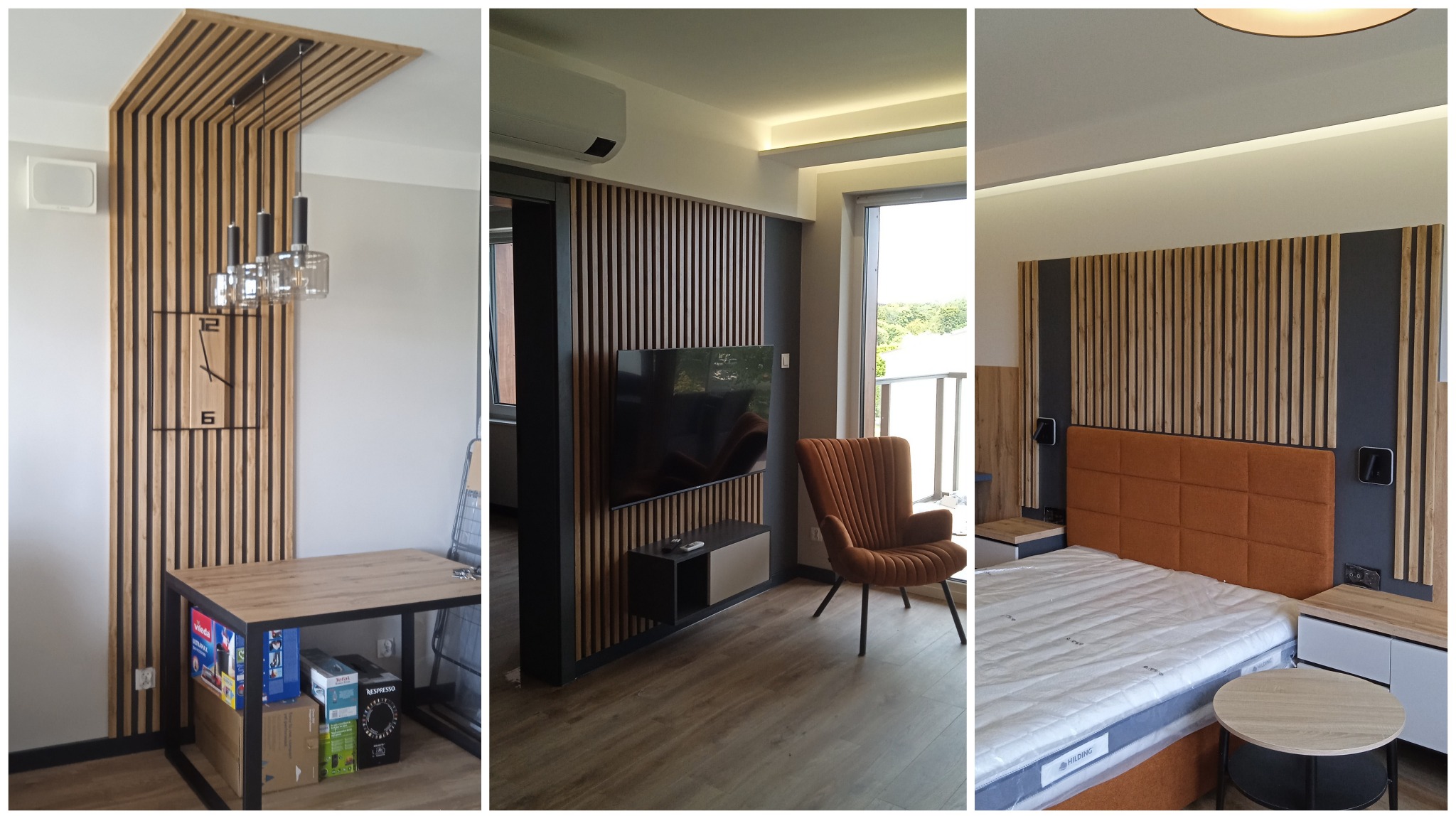 Nowoczesne wnętrze z drewnianymi lamelami na ścianach i suficie, tworzącymi dekoracyjny element w salonie i sypialni. Widoczne meble i oświetlenie.