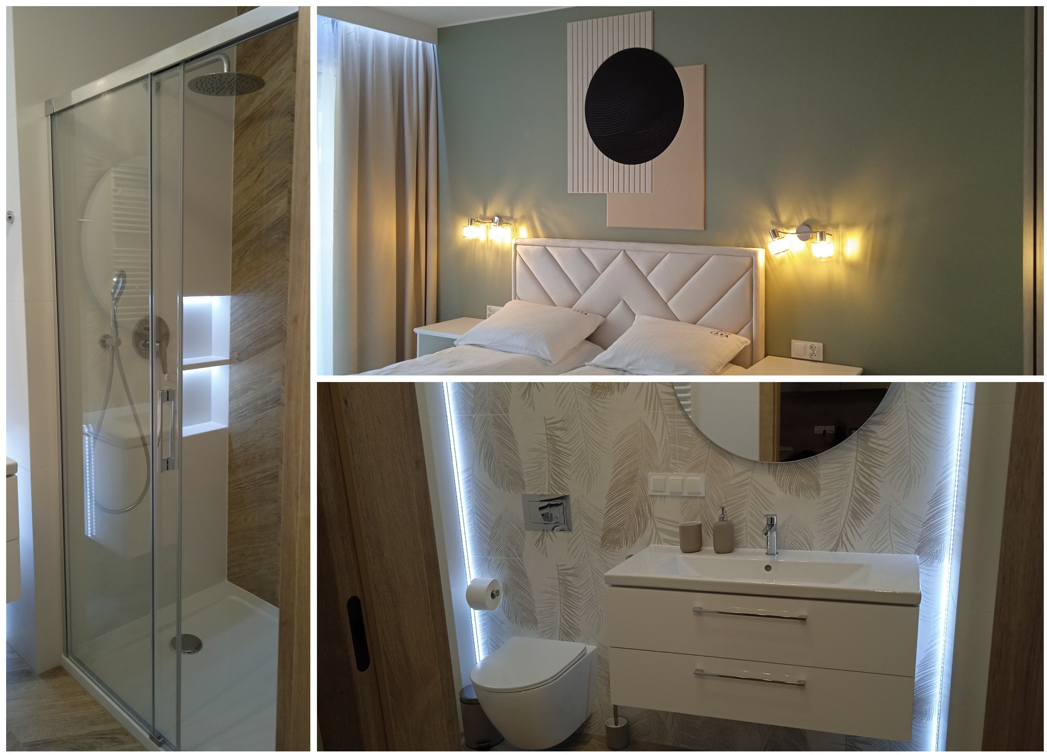 Kompozycja trzech kadrów: kabina prysznicowa z deszczownicą, sypialnia z łóżkiem i lampkami, łazienka z umywalką, toaletą i podświetleniem LED.