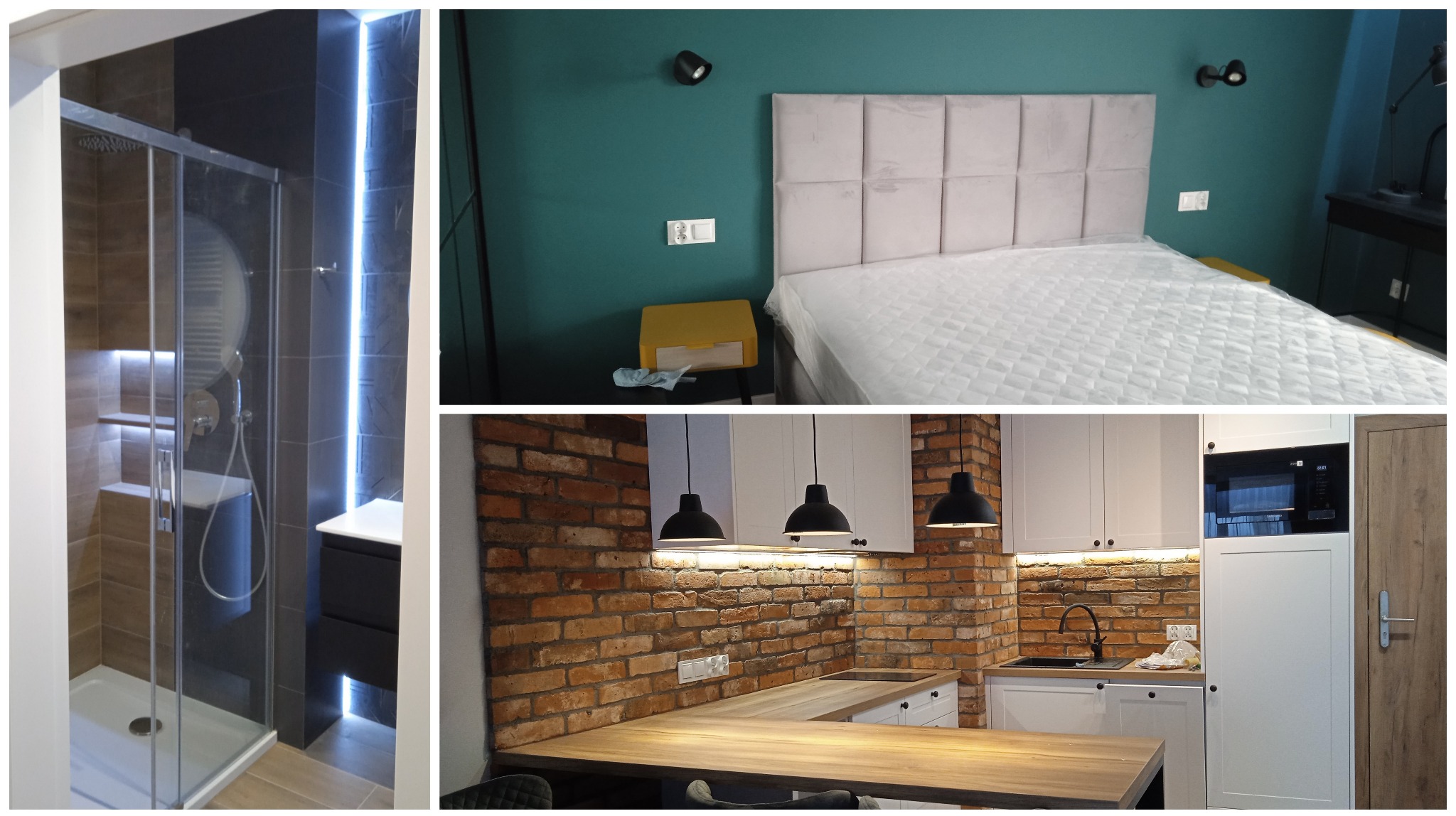 Kompozycja wnętrz: łazienka z kabiną prysznicową, sypialnia z turkusową ścianą i kuchnia z ceglaną ścianą. Nowoczesny design z elementami retro.