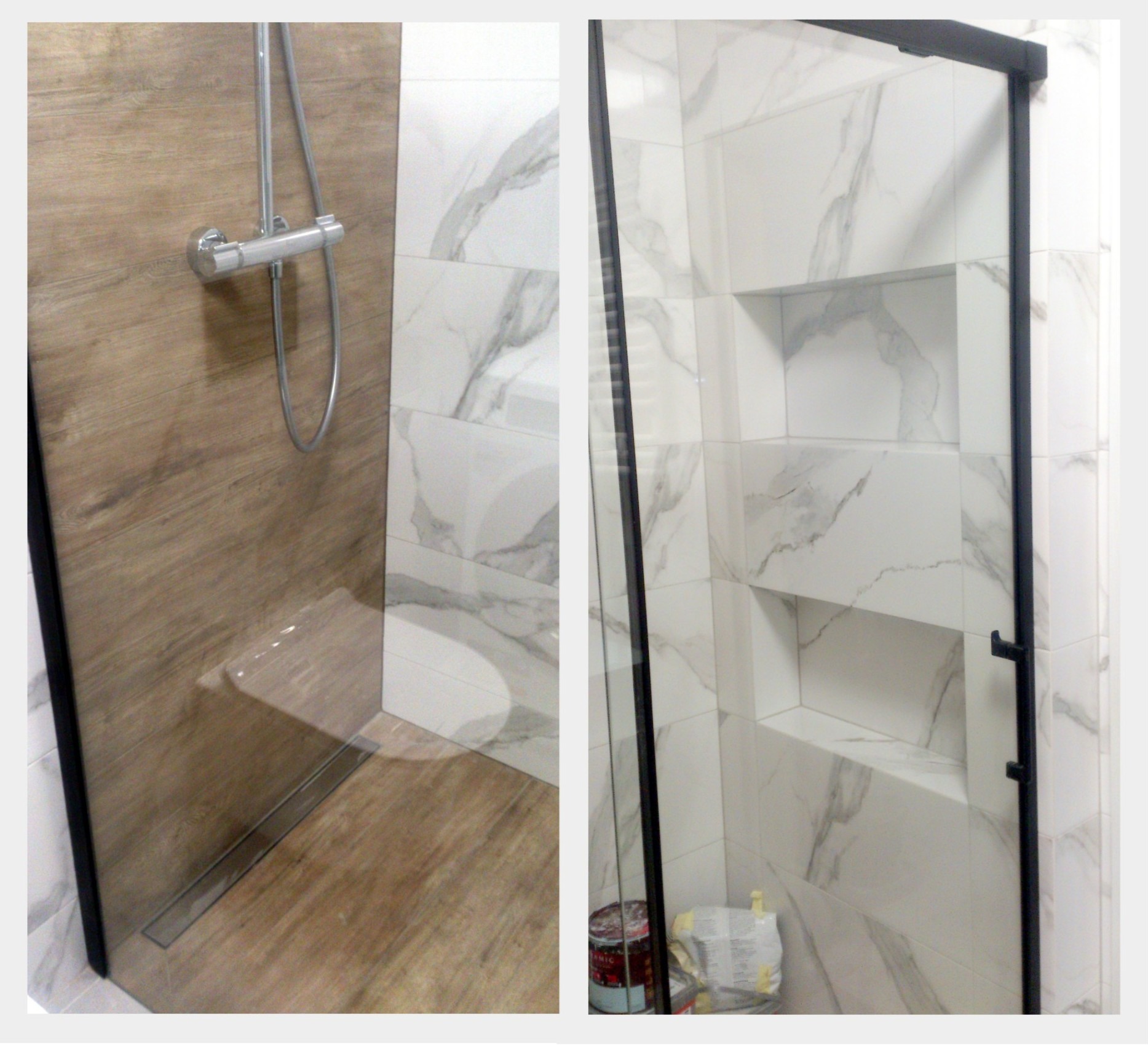 Kabina prysznicowa typu walk-in z czarną ramą, wykończona płytkami imitującymi drewno i białym marmurem, z wnękami w ścianie na kosmetyki.