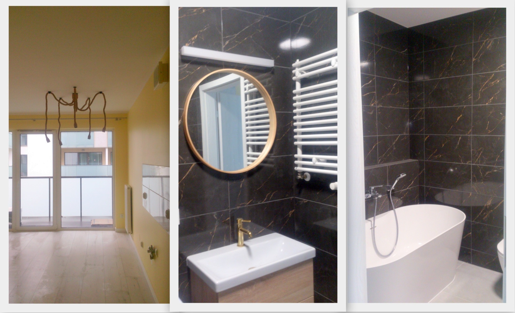 Kolaż przedstawiający wnętrze mieszkania po remoncie: pokój z surowym oświetleniem i balkonem, łazienka z czarnymi płytkami imitującymi marmur, okrągłym lustrem w złotej ramie i grzejnikiem...