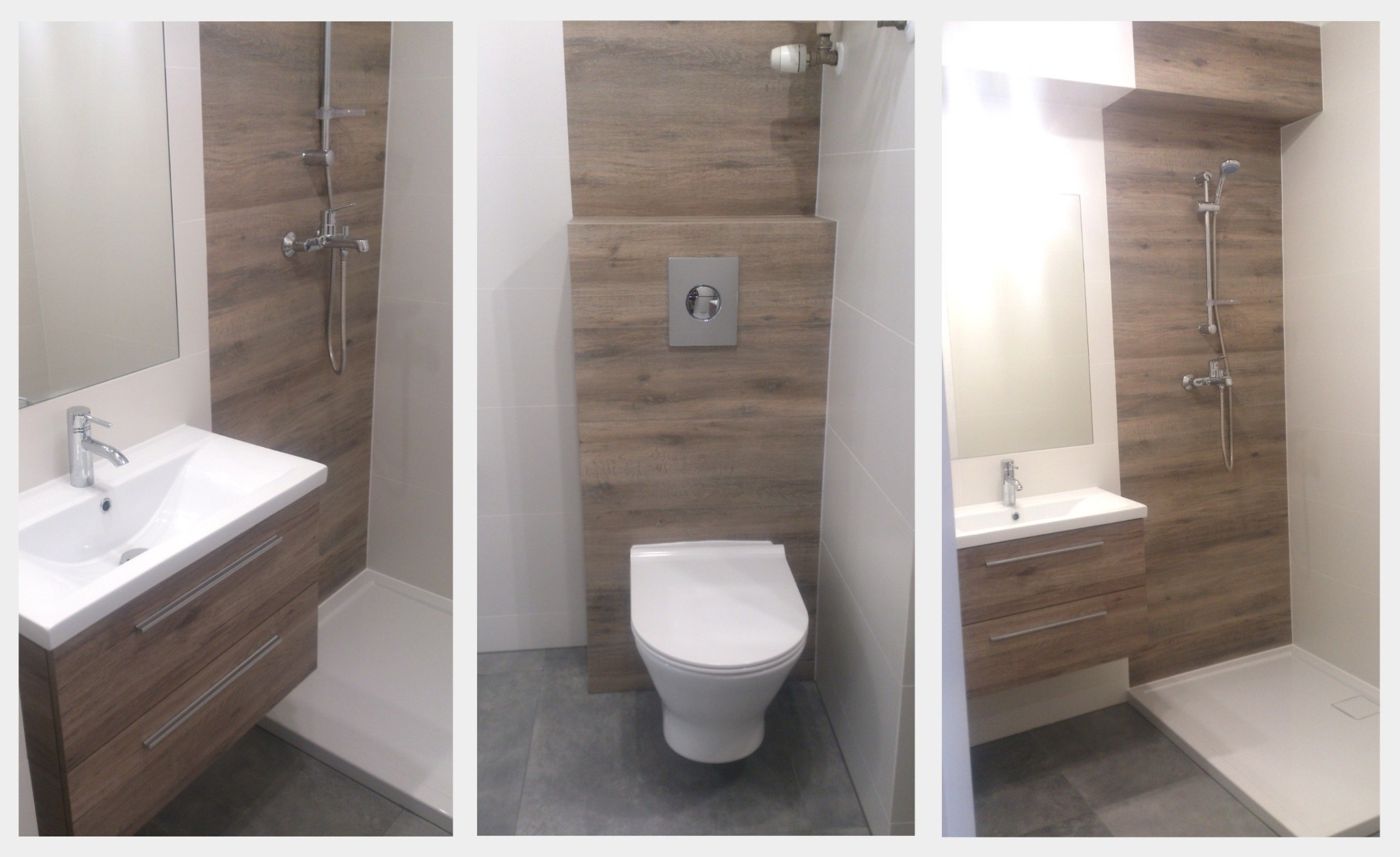 Nowoczesna łazienka z drewnopodobnymi płytkami, kabiną prysznicową typu walk-in, umywalką z szafką w kolorze drewna i podwieszaną toaletą z chromowanym przyciskiem spłukującym.