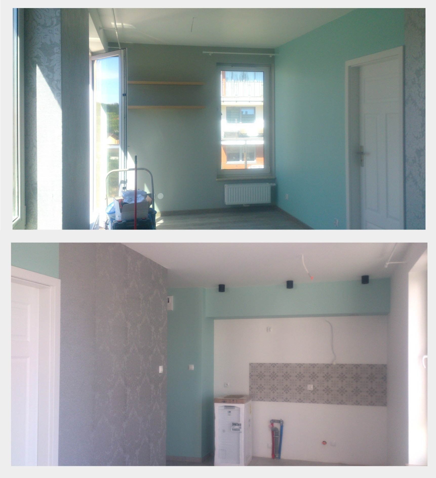 Dwa ujęcia wnętrza mieszkania w trakcie prac wykończeniowych: świeżo pomalowane na turkusowo ściany, położona gładź z wzorem na jednej ze ścian, częściowo ułożone płytki nad blatem, na podłodze...