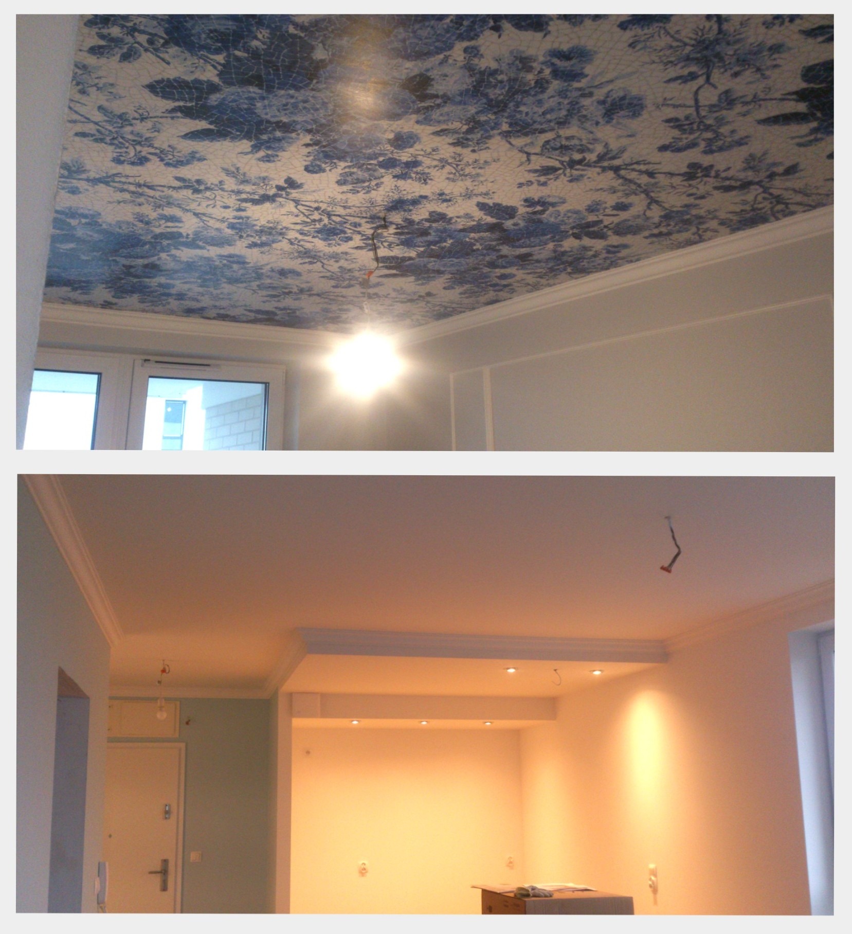 Dwa ujęcia wnętrza: na górnym suficie tapeta w niebieskie kwiaty i białe listwy, na dolnym widoczne oświetlenie punktowe w suficie podwieszanym i białe ściany.
