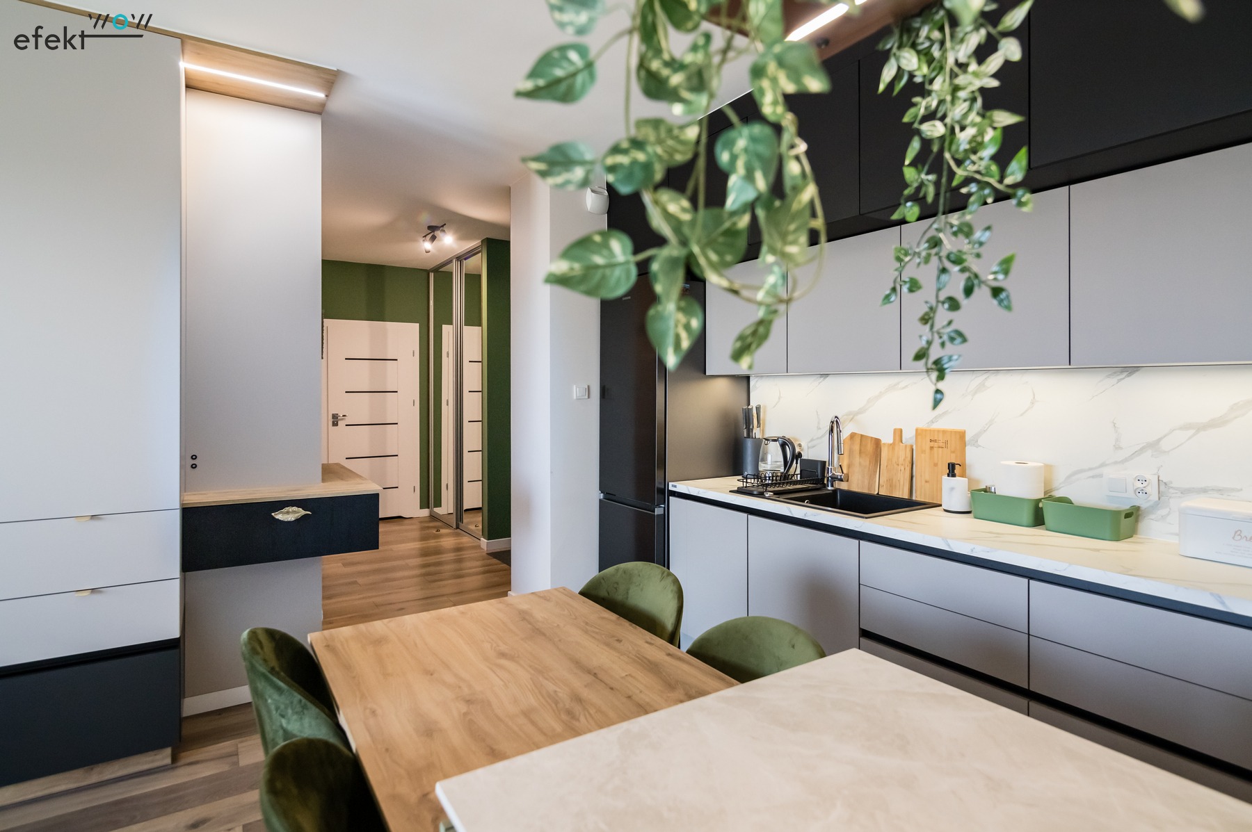 Projekt salonu z aneksem kuchennym i i przedpokojem. Widok na przedpokój.