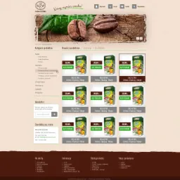 Widok strony internetowej sklepu z kawą i herbatą, z produktami na pierwszym planie i ziarnami kawy w tle baneru.