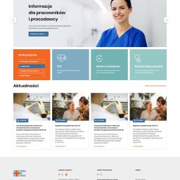 Wojoweb- Nowoczesne strony internetowe - Strona internetowa przychodni SPZOZ w Skale z uśmiechniętą lekarką w tle, prezentująca informacje dla pracowników i pracodawców, wraz z sekcjami dla pacjentów i aktualnościami.