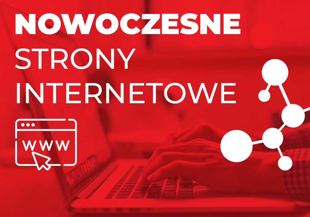 Dłonie piszą na laptopie pod napisem 'Nowoczesne strony internetowe' i ikoną przeglądarki z kursorem, w czerwonej tonacji.