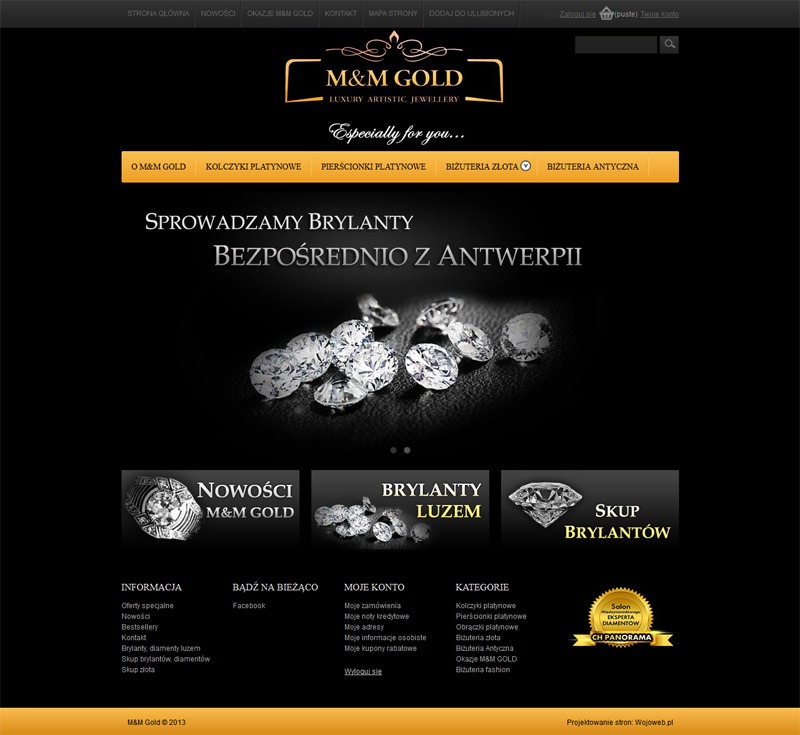 Strona internetowa firmy M&M Gold z Krakowa, prezentująca ofertę brylantów i biżuterii, z hasłem 'Sprowadzamy brylanty bezpośrednio z Antwerpii' i sekcjami nowości, brylantów luzem oraz skupu...