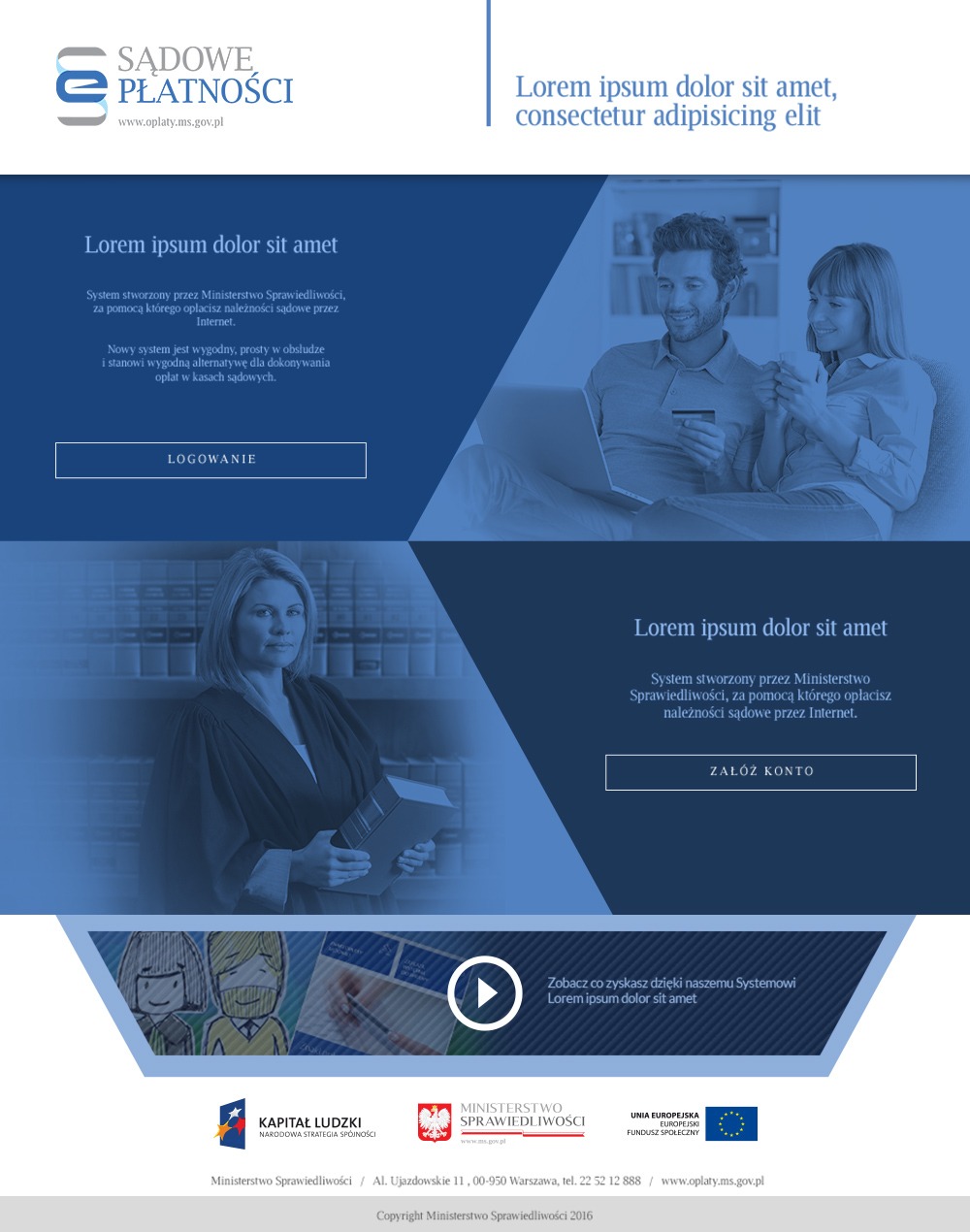 Projekt strony internetowej z motywem prawnym, prezentujący logo Sądowe Płatności, formularz logowania, zdjęcie prawniczki z książką oraz parę korzystającą z laptopa i karty kredytowej.