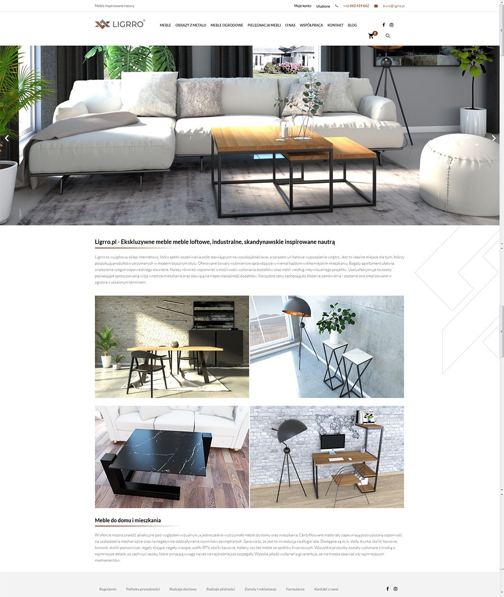 Zdjęcie przedstawia fragment strony internetowej sklepu meblowego Ligrro.pl, prezentującej ekskluzywne meble loftowe, industrialne i skandynawskie. Na górze widoczne logo firmy, menu nawigacyjne...