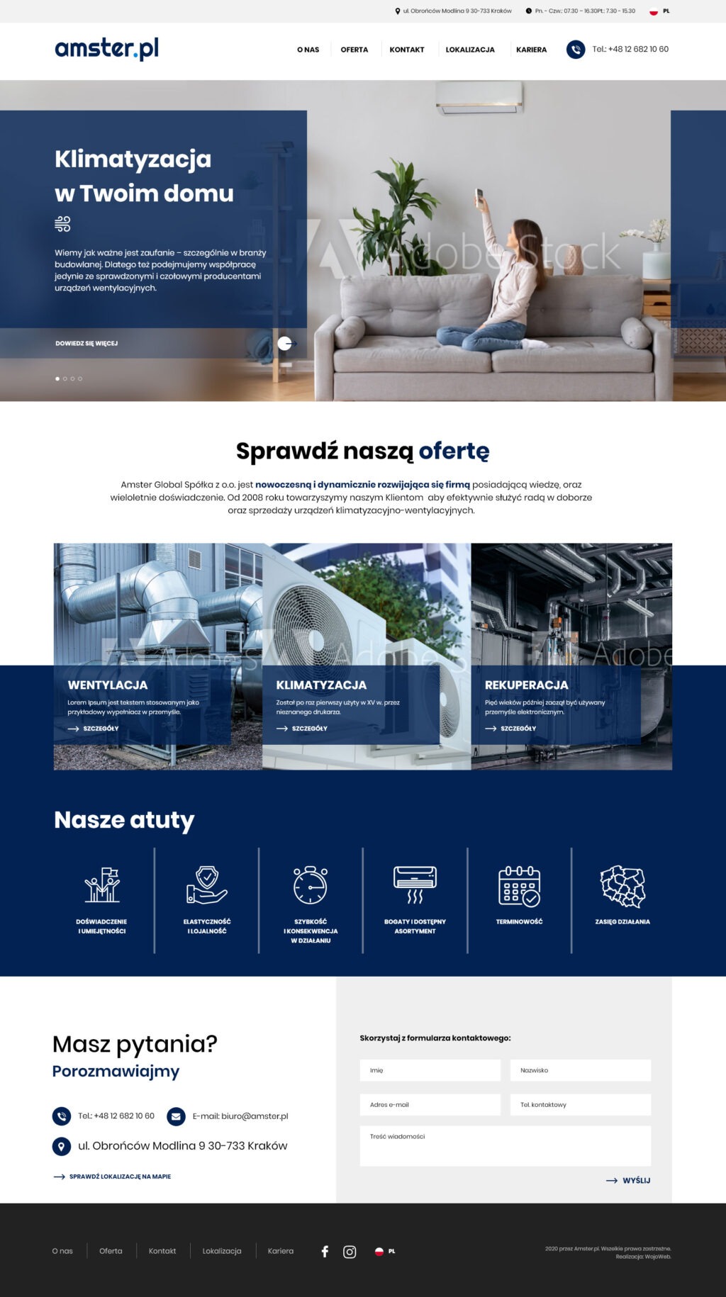 Strona internetowa firmy Amster.pl z ofertą klimatyzacji, wentylacji i rekuperacji, prezentująca zdjęcie kobiety siedzącej na kanapie i regulującej temperaturę klimatyzatora za pomocą pilota.