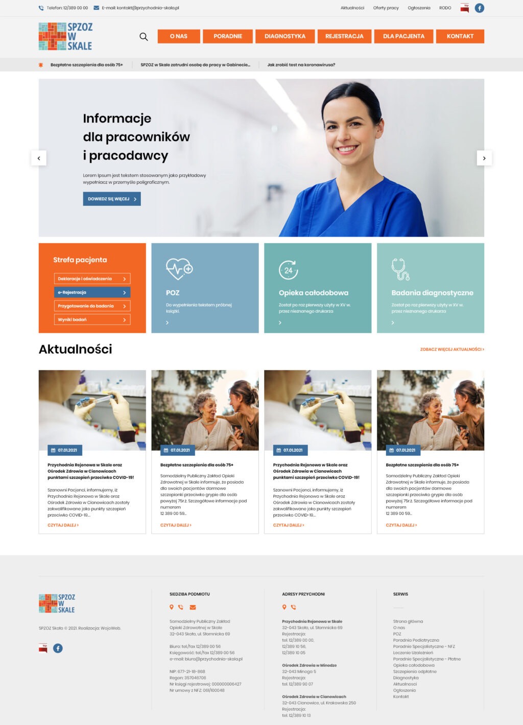 Strona internetowa przychodni SPZOZ w Skale z uśmiechniętą lekarką w tle, prezentująca informacje dla pracowników i pracodawców, wraz z sekcjami dla pacjentów i aktualnościami.