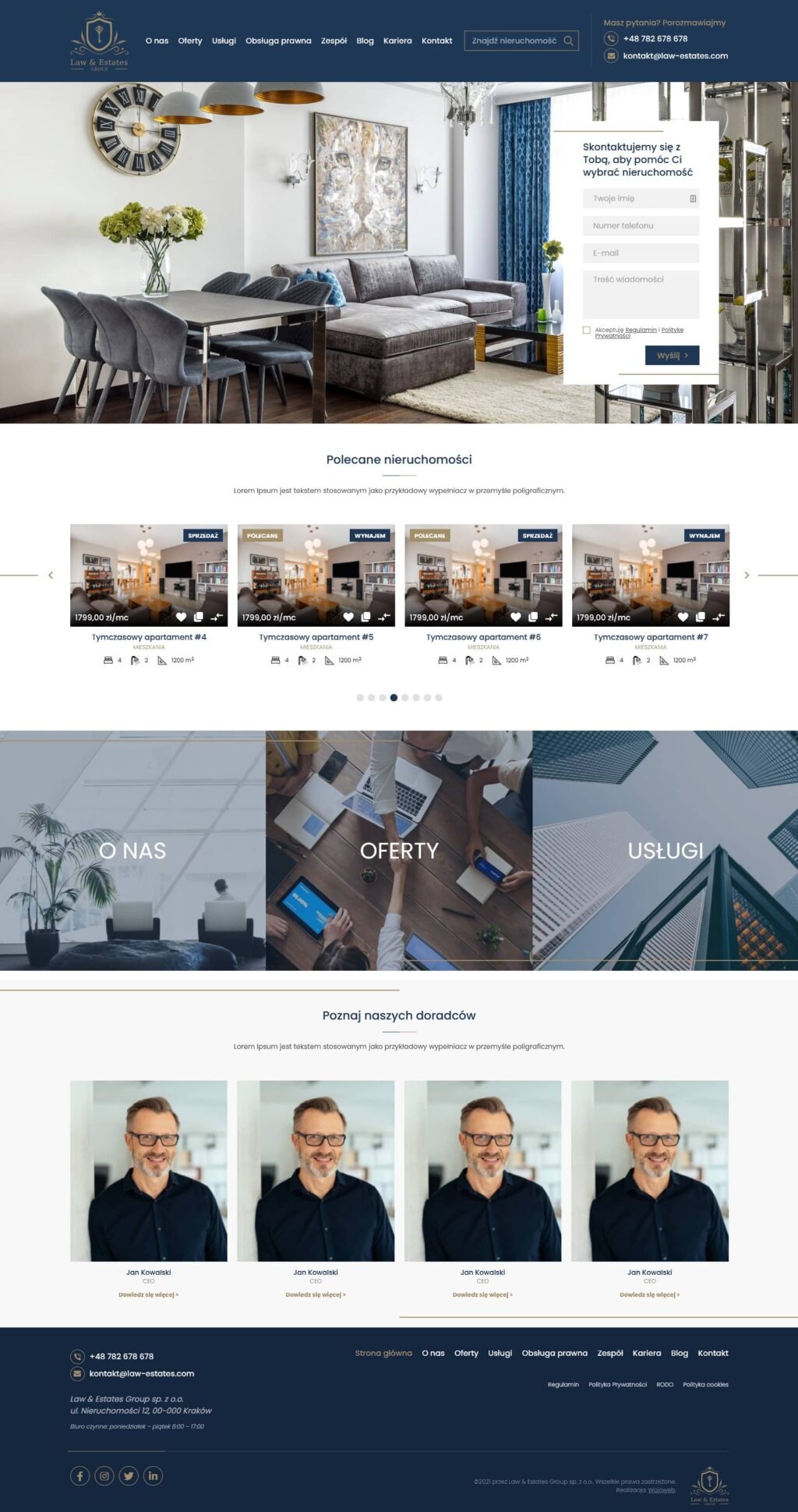 Strona internetowa firmy z branży nieruchomości z widocznym nagłówkiem, formularzem kontaktowym i ofertami apartamentów.