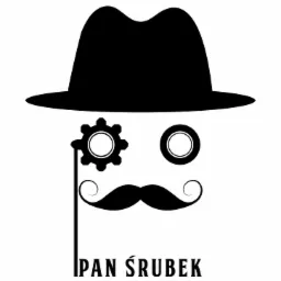 Czarno-biała grafika przedstawiająca stylizowaną twarz z kapeluszem, wąsami i monoklem w kształcie koła zębatego, poniżej napis 'PAN ŚRUBEK'.