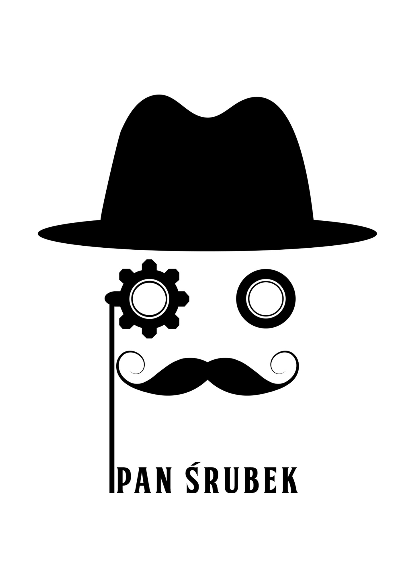 Czarno-biała grafika przedstawiająca stylizowaną twarz z kapeluszem, wąsami i monoklem w kształcie koła zębatego, poniżej napis 'PAN ŚRUBEK'.