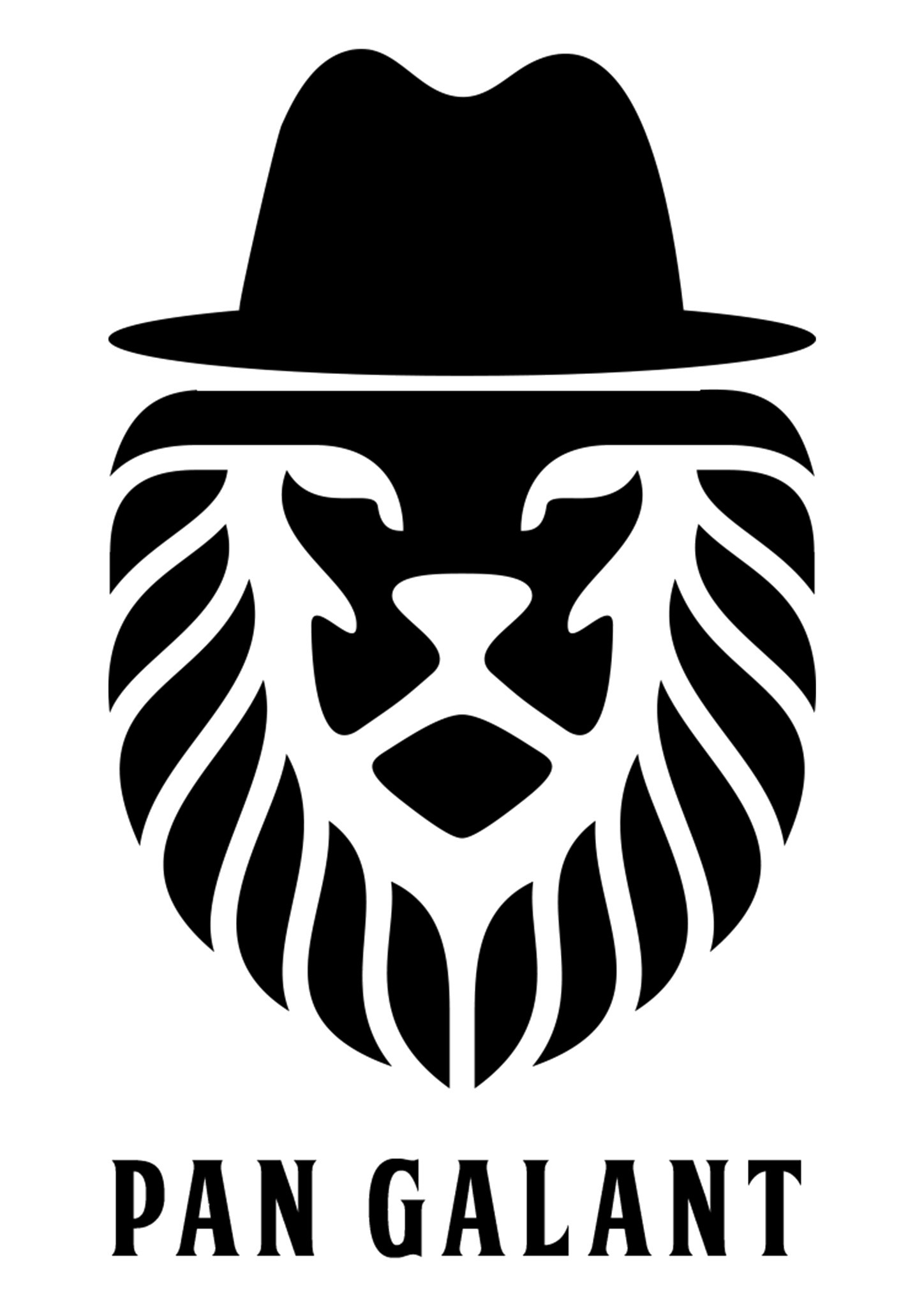Czarno-białe logo przedstawia głowę lwa w kapeluszu fedora z napisem 'PAN GALANT' poniżej.