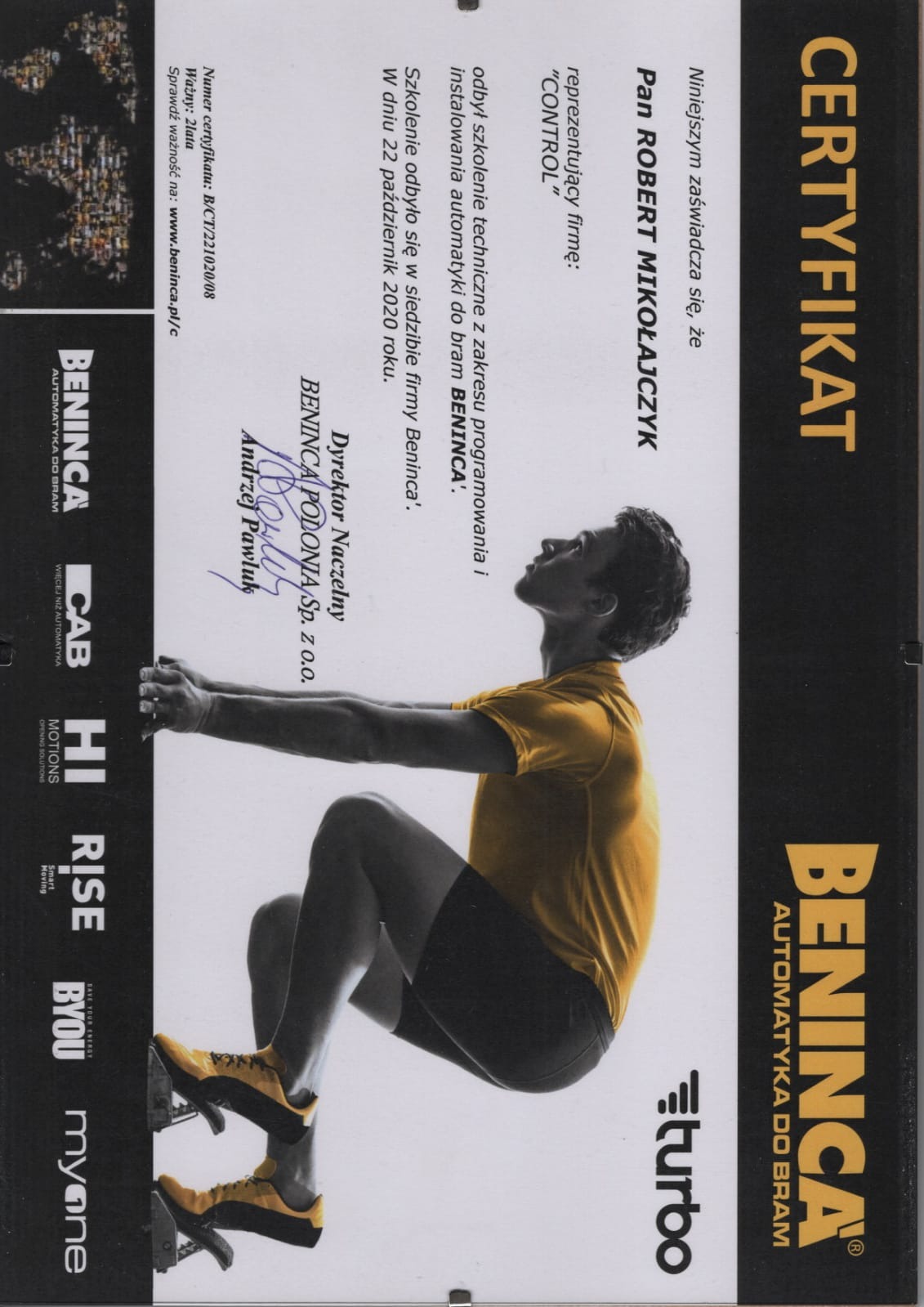 Certyfikat firmy Beninca potwierdzający odbycie szkolenia technicznego z zakresu programowania i instalowania automatyki do bram, z sylwetką sportowca w tle.